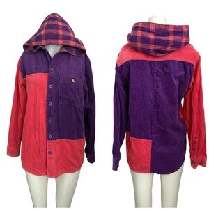 Teddy Fresh Hooded Corduroy Shirt Shacket Pink/Purple Color Block S